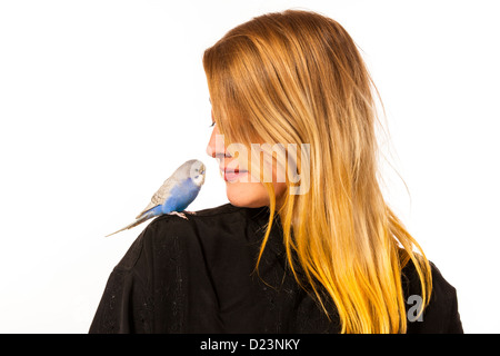 Friendly parakeet sitting on a womans shoulder Stock Photo