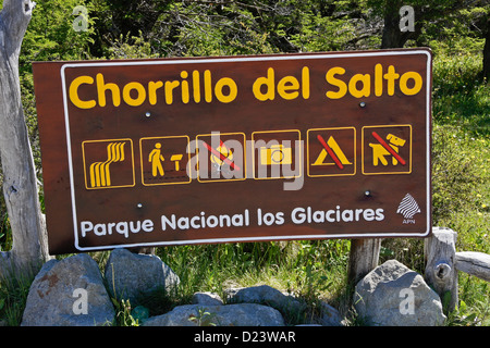 Sign for waterfall in Los Glaciares National Park, Patagonia, Argentina Stock Photo