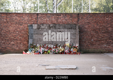 The wall that prisoners stood in front of waiting to be executed, Auschwitz concentration camp, Poland Stock Photo