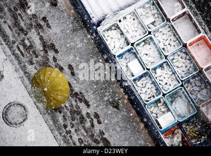 Tokyo, Japan. 14th January 2013. A woman walks through the first snow of the winter as a truck does the weekly collection of discarded bottles and cans  in Tokyo, Japan on 14 Jan. 2012. The Japan Meteorological Agency said it estimated   up to 40 cm of snow is expected to fall during the day. Photographer: Robert Gilhooly/Alamy Live News Stock Photo