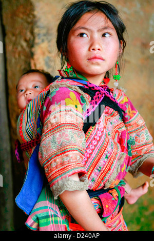 Portrait of a Flower Hmong girl in Ha Giang Province, North West Vietnam, Asia. Stock Photo