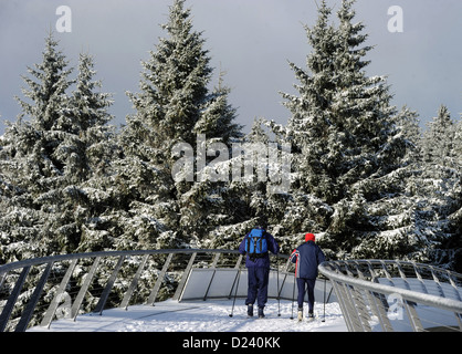 Hikers walk over a snowed-in bridge near Oberhof, Germany, 11 January 2013. Winter returned to the Thuringian Forest after weeks of rains. Photo: Hendrik Schmidt Stock Photo