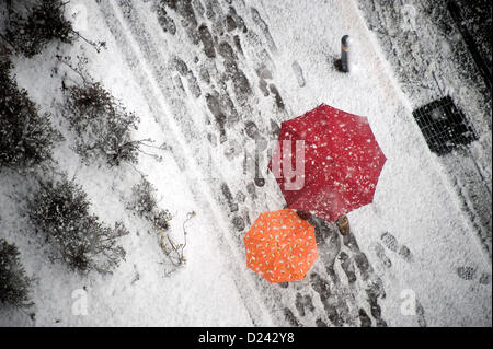 Tokyo, Japan. 14th January 2013. A woman and a small girl walk through the first snow of the winter in Tokyo, Japan on 14 Jan. 2012. The Japan Meteorological Agency said it estimated   up to 40 cm of snow is expected to fall during the day. Photographer: Robert Gilhooly/Alamy Live News Stock Photo