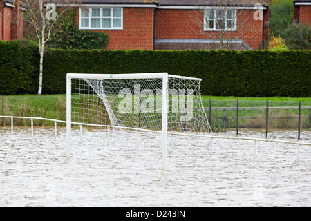 Flooded football pitch at Buckingham Athletic Football Club in Buckingham, Buckinghamshire Stock Photo