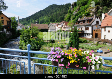 View over the river Gutach from the Hauptstrasse bridge, Hornberg, Black Forest, Germany. Stock Photo