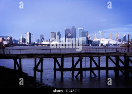 Canary Wharf viewed from Thames path in Greenwich South London Stock Photo