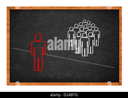 Simple conceptual drawing on school blackboard - man expelled from the group, unable to cross the line that separates them. Stock Photo