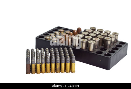 Many of Bullets and Bullet Shells on white background. Stock Photo