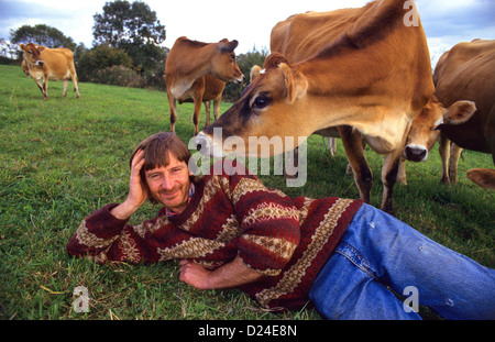 The late organic farmer Mark Purdey with his cattle in Devon, UK. Stock Photo