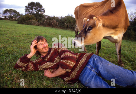 The late organic farmer Mark Purdey with his cattle in Devon, UK. Stock Photo