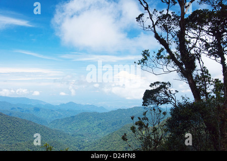 A view of tropical green mountains with blue sky and white puffy clouds Stock Photo