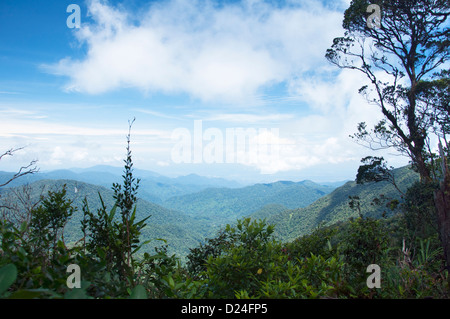 A view of tropical green mountains with blue sky and white puffy clouds Stock Photo