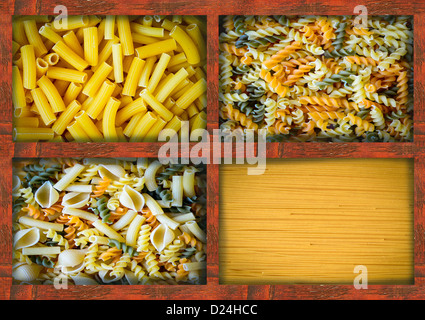 Pasta in wooden boxes Stock Photo
