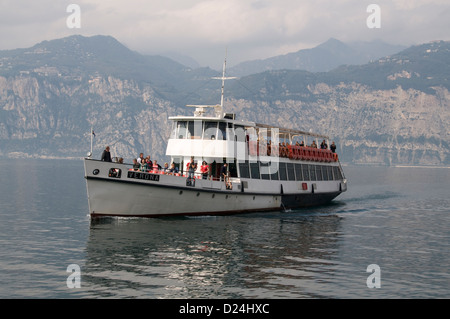 The Verona passenger ferry of Lake Garda Ferries arriving at the small medieval town of Malcesine on Lake Garda in northern Italy