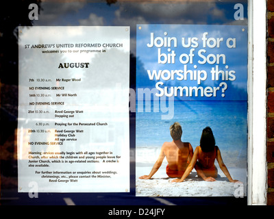United Reform Church Poster in Hall Window Son Worship this Summer and Church Programme Stock Photo