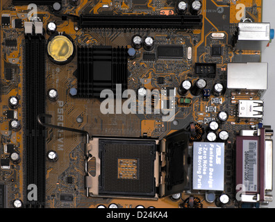 Close Up of Computer Mother Board showing Circuits and Wiring Stock Photo