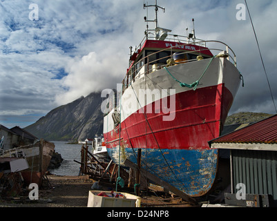 Fishingboat in for repair at the boatyard at Sund, Lofoten, arctic Norway Stock Photo