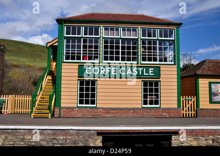 Corfe Castle railway station signal box Dorset Stock Photo