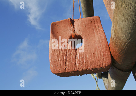 Horse mineral block hanging from fence in paddock, Suffolk, England, October Stock Photo