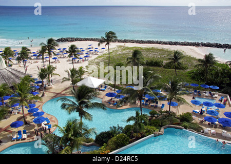 view from the Hilton Hotel at Needham's Point, Barbados showing the Hotel's swimming pools and beach Stock Photo