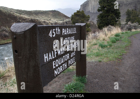 45th parallel sign Yellowstone National Park Wyoming Latitude halfway between equator and North Pole Stock Photo