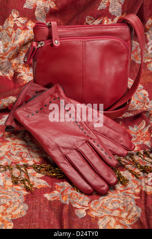Red leather gloves and purse on a matching scarf. Stock Photo