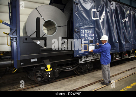 Eisenhuettenstadt, Germany, flat steel rolls onto a freight Stock Photo