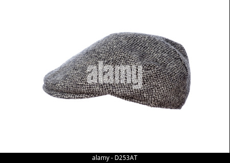 mans flat cap in grey tweed isolated on white background Stock Photo