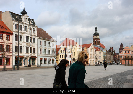 Cottbus, Germany, Market Square and Upper Church of St. Nicholas Stock Photo