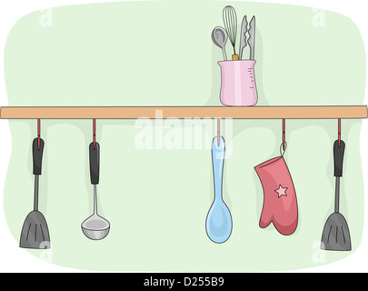 Illustration of a Kitchen Shelf Filled with Cooking Tools Stock Photo