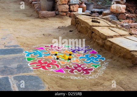 Indian village street with rangoli designs during the sankranthi festival. Andhra Pradesh, India Stock Photo