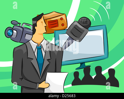 Illustration of a Male Broadcaster Surrounded by a Microphone, a Video Camera and a TV Monitor Stock Photo