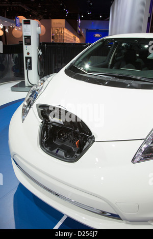 The plug-in electric Nissan Leaf on display at the North American International Auto Show. Stock Photo