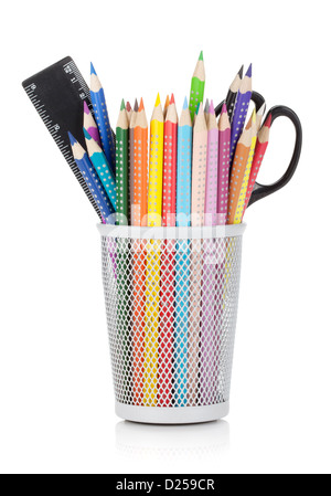 Various colour pencils with ruler and scissors. Isolated on white background Stock Photo
