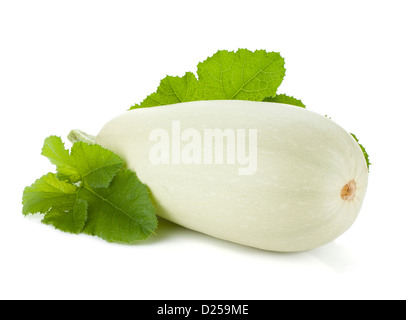 Fresh zucchini fruit with green leaves. Isolated on white background Stock Photo