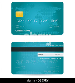 Front and back of blue debit card design with detail isolated on a ...