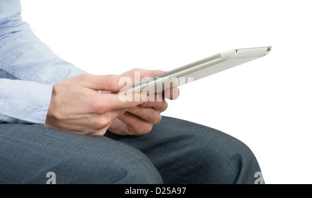 hands with tablet computer on white Stock Photo