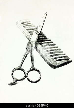 Original pencil or drawing charcoal, and hand drawn painting or working sketch of scissors and comb.Free composition Stock Photo