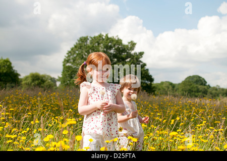 Two little girls standing in a wild flower meadow, holding dandelion clocks Stock Photo