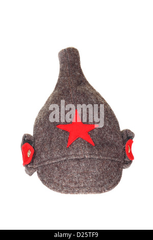 Vintage Budenovka (wool cavalry helmet) used in old soviet Red army. Isolated on white background. Stock Photo