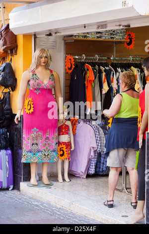 Plus size mannequin in shop doorway in Los Cristianos, Tenerife, Canary Islands, Spain. Stock Photo