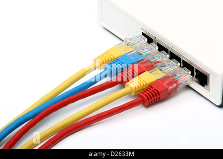 detail of Rj 45 conector and switch Stock Photo