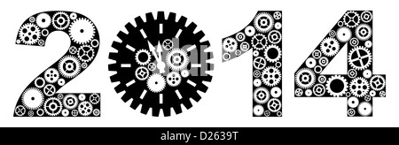 Happy New Year 2014 with Mechanical Gears and Clock Black and White Illustration Stock Photo