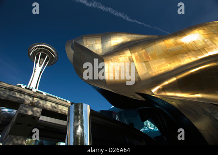 HISTORICAL 2009 SPACE NEEDLE EXPERIENCE MUSIC PROJECT  (© FRANK GEHRY 1995) SPACE NEEDLE TOWER (©JOHN GRAHAM & CO 1961) SEATTLE WASHINGTON STATE USA Stock Photo