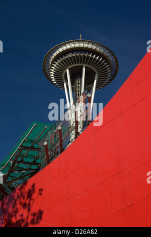 HISTORICAL 2009 SPACE NEEDLE EXPERIENCE MUSIC PROJECT  (© FRANK GEHRY 1995) SPACE NEEDLE TOWER (©JOHN GRAHAM & CO 1961) SEATTLE WASHINGTON STATE USA Stock Photo