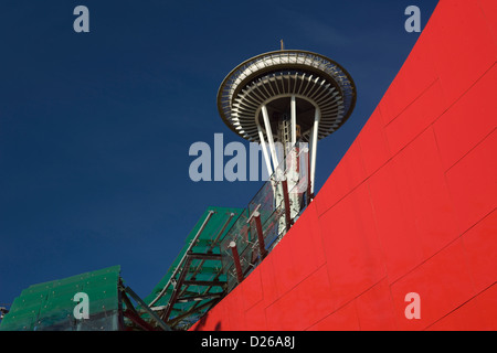 HISTORICAL 2009 SPACE NEEDLE EXPERIENCE MUSIC PROJECT  (© FRANK GEHRY 1995) SPACE NEEDLE TOWER (©JOHN GRAHAM & CO 1961) SEATTLE WASHINGTON STATE USA Stock Photo