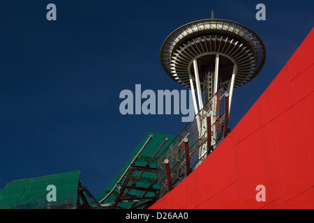 HISTORICAL 2009 SPACE NEEDLE EXPERIENCE MUSIC PROJECT  (© FRANK GEHRY 1995) SPACE NEEDLE TOWER (©JOHN GRAHAM & CO 1961) SEATTLE WASHINGTON STATE USA Stock Photo