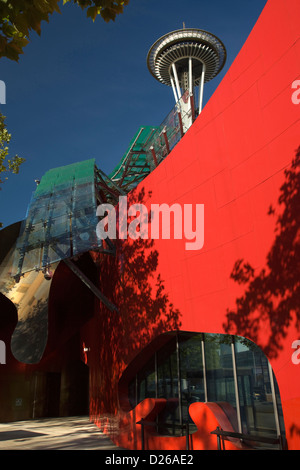 HISTORICAL 2009 SPACE NEEDLE EXPERIENCE MUSIC PROJECT  (© FRANK GEHRY 1995) SPACE NEEDLE TOWER (©JOHN GRAHAM & CO 1961) SEATTLE WASHINGTON STATE USA Stock Photo