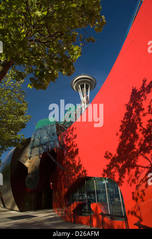 HISTORICAL 2009 SPACE NEEDLE EXPERIENCE MUSIC PROJECT  (© FRANK GEHRY 1995) SPACE NEEDLE TOWER (©JOHN GRAHAM & CO 1961) SEATTLE WASHINGTON STATE USA Stock Photo