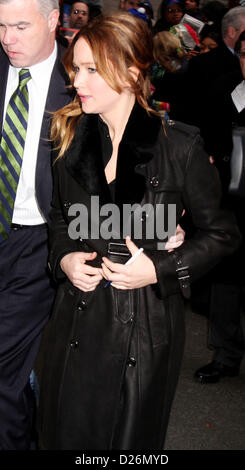 New York, USA. 15th January 2013. Actress JENNIFER LAWRENCE arrives for her appearance on 'The Late Show With David Letterman' held at the Ed Sullivan Theater. (Credit Image: © Nancy Kaszerman/ZUMAPRESS.com) Stock Photo